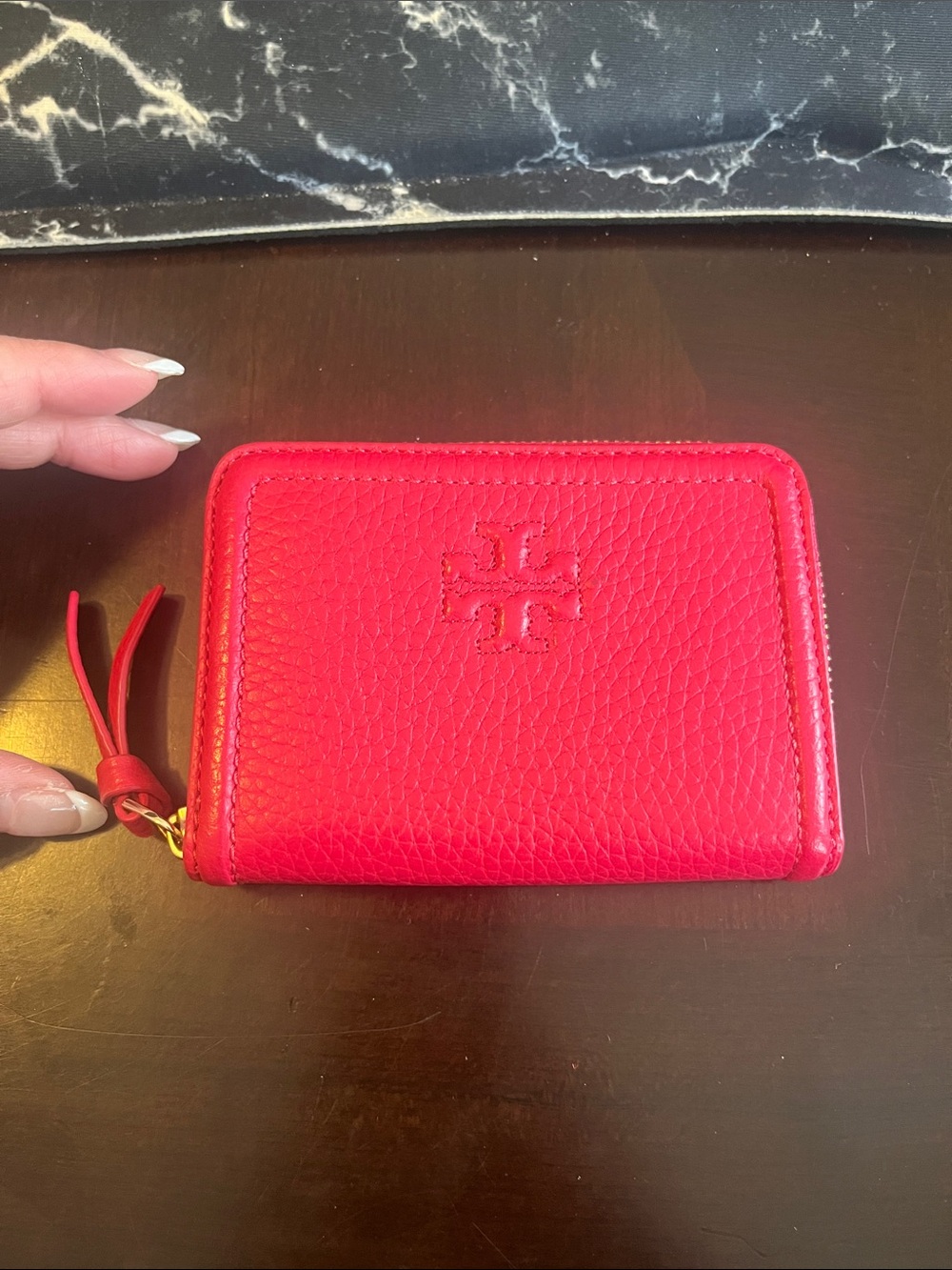 Tory Burch Hot Pink Pebbled Leather Zip Card Holder Compact Wallet